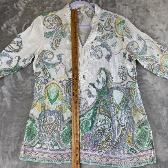 Charter Club Luxury Linen Tunic Top Women's S White Green Paisley Boho (1180) - Picture 11 of 11